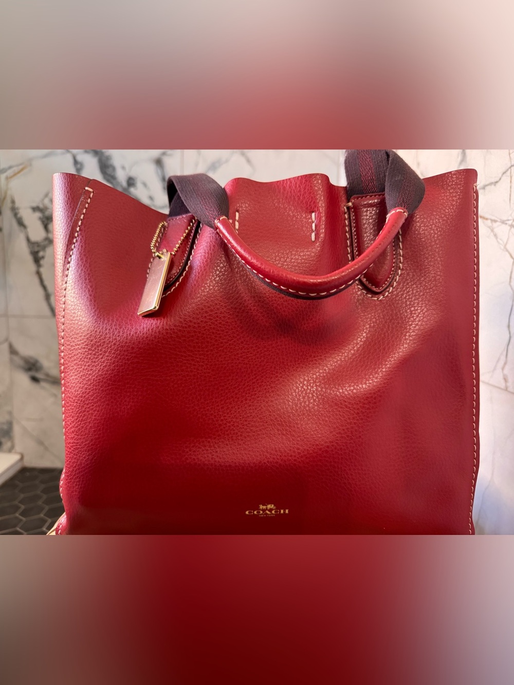 Coach Red Leather Tote with Gold Accent